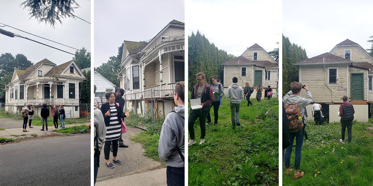 Photos of students and faculty outside the Mayo House in Portland