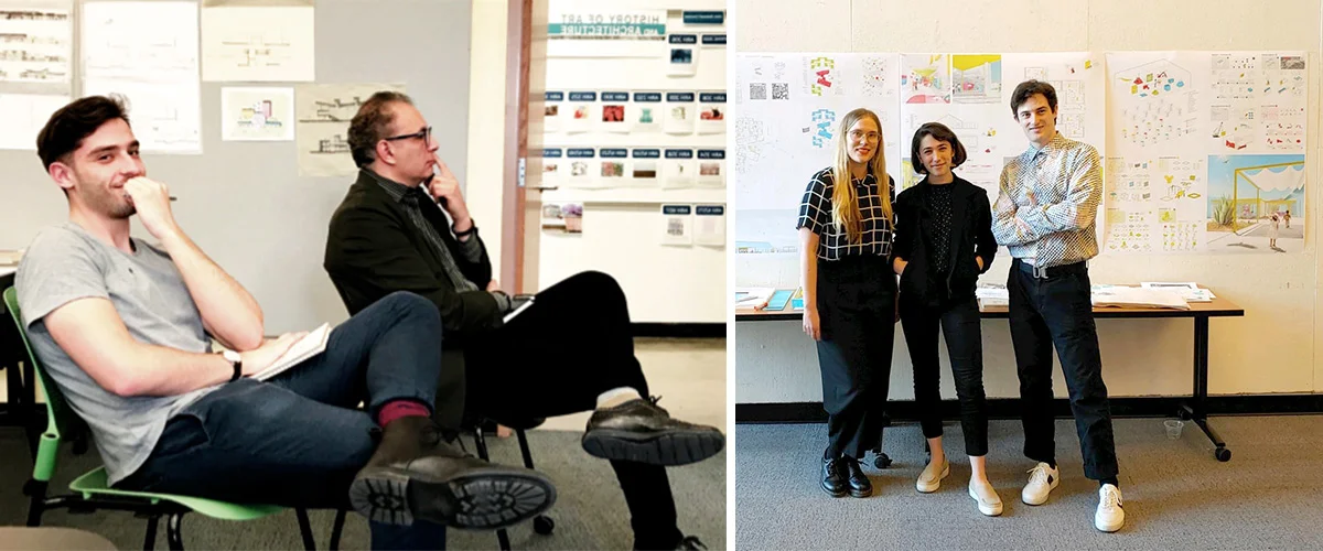 left photo features two men sitting in chairs, right photo features three students standing in front of architectural renderings