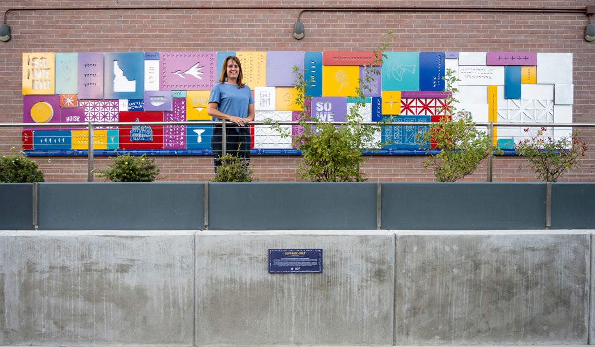 photo of art installation "suffrage quilt' at Boise City Hall