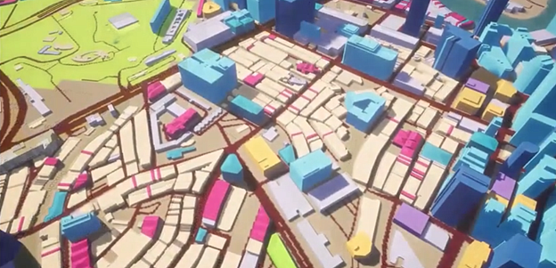Rendering of a cityscape. 