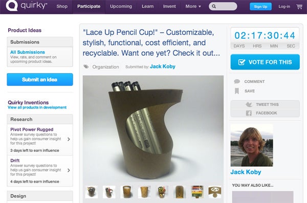 The “Lace-up Pencil Cup” page on Quirky.com, which only allows projects to be posted for a month. Koby’s design is now for sale on Ponoko.com. Quirky site