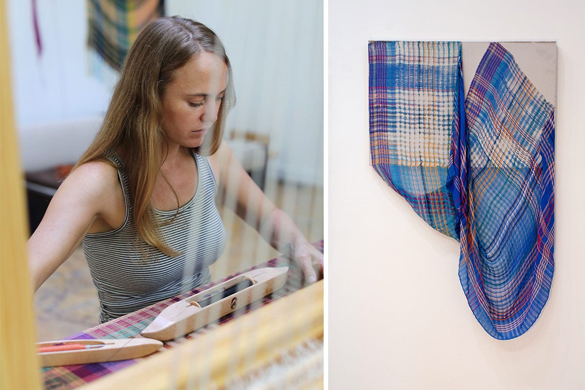 a photo of a woman weaving and a fiber artwork