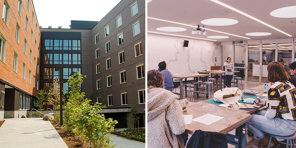 Photos of a building and a classroom