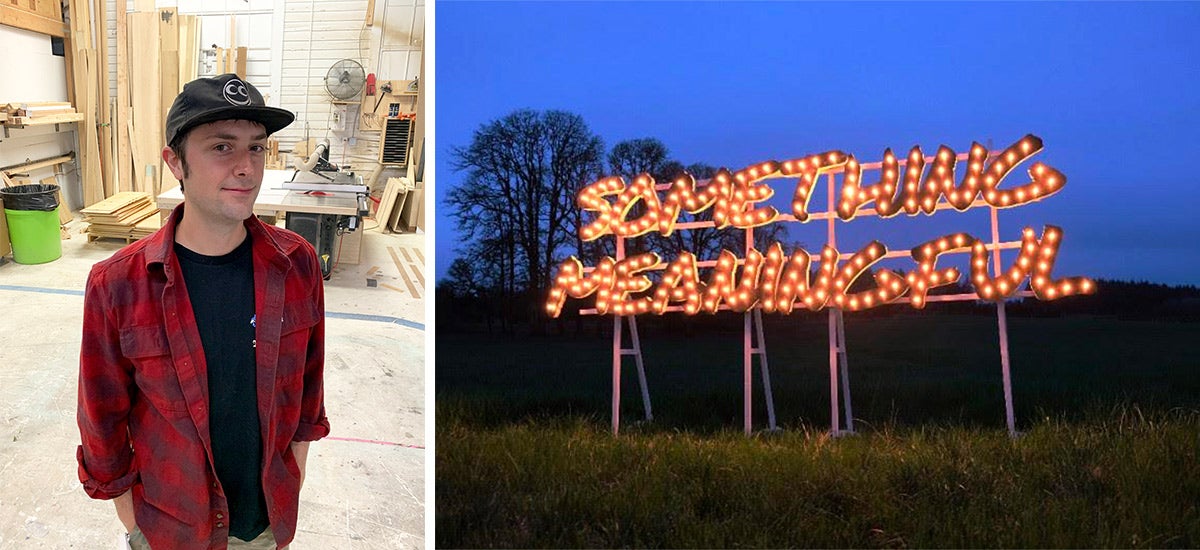 Photos of a sculpture and a portrait of Ryan Everson