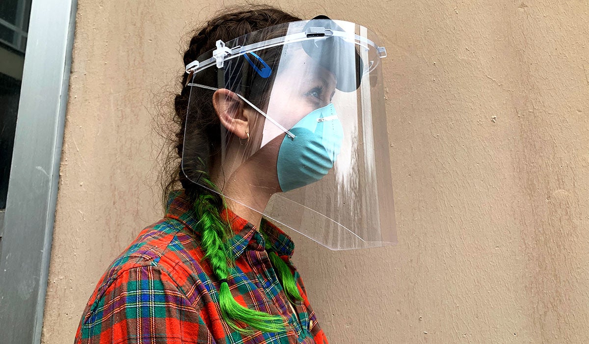 Student Geordi Helmick wearing a face shield