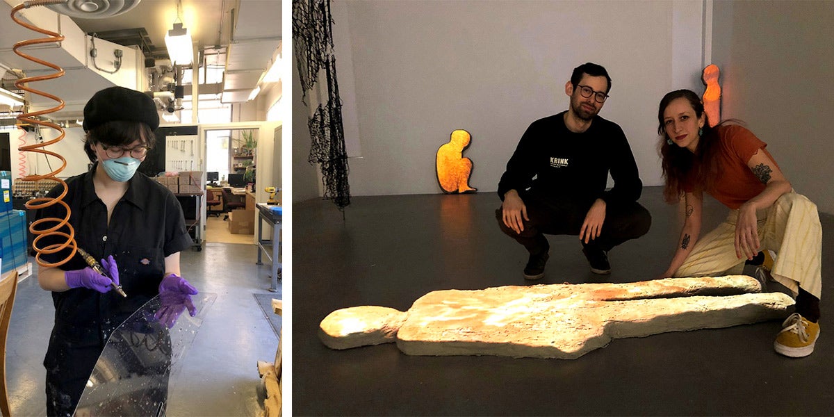 Art students in a gallery, and student in a fabrication shop