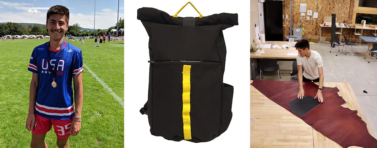Photo collage of Xander and backpack