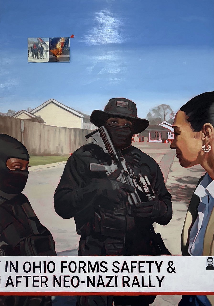Portrait of three individuals, two in military garb and masks, in what appears to be an homage to a news broadcast.