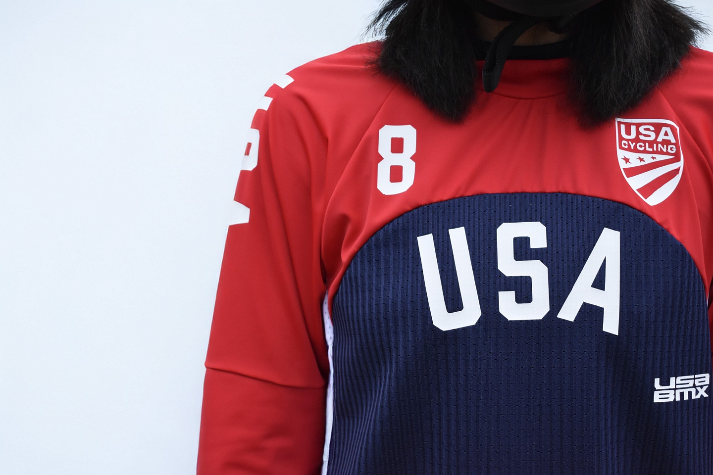 Close up of Team USA red and blue cycling jersey