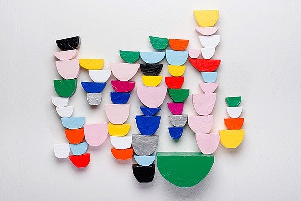 "Wallstack, June" by Amanda Wojik, 2017, wood, paper, paint