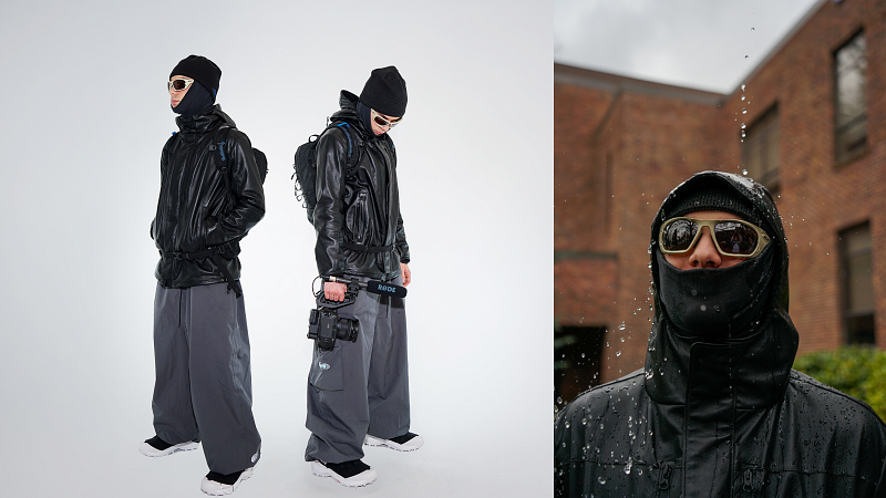 several people wearing black, soft leather jackets. One is being rained on to showcase that the design is waterproof.