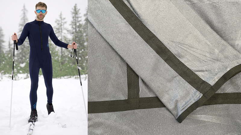 A male skier in a navy body suit. There is a zipper that extends from his neckline to about the bellybutton. A second image shows the material in a gray color to showcase the nylon and lycra knit materials.