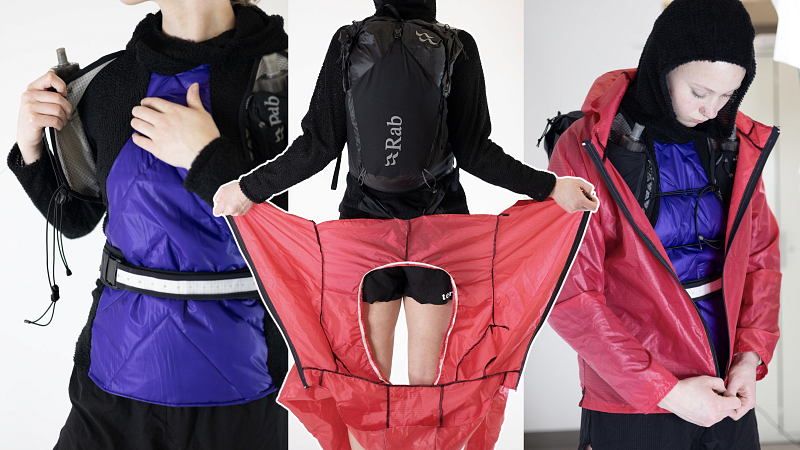 A 3 piece backpack and jacket set. A wooly purple and black base layer, a sleek black backpack, and a pink layer that adds additional warmth and protection with a hold that leaves the bag exposed.