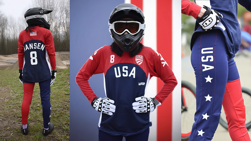 3 angles of a woman in a black motorcycle helmet and a red, white, and blue, Team USA themed cycling outfit.