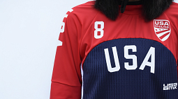 Close up of Team USA red and blue cycling jersey