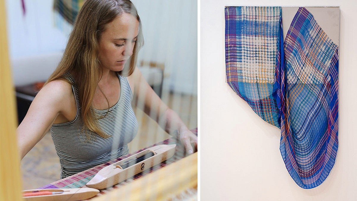 a photo of a woman weaving and a fiber artwork