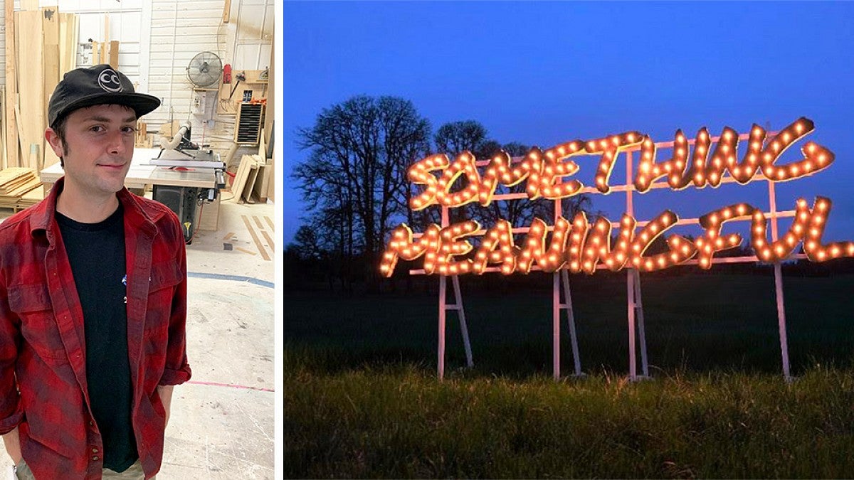 Photos of a sculpture and a portrait of Ryan Everson