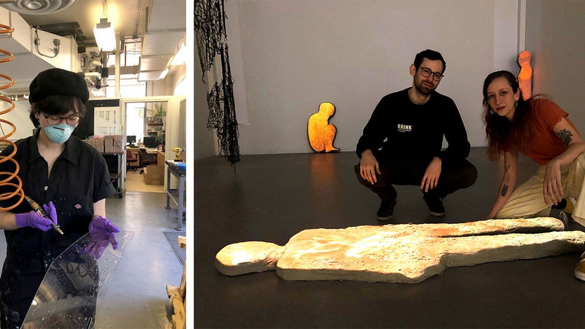 Art students in a gallery, and student in a fabrication shop