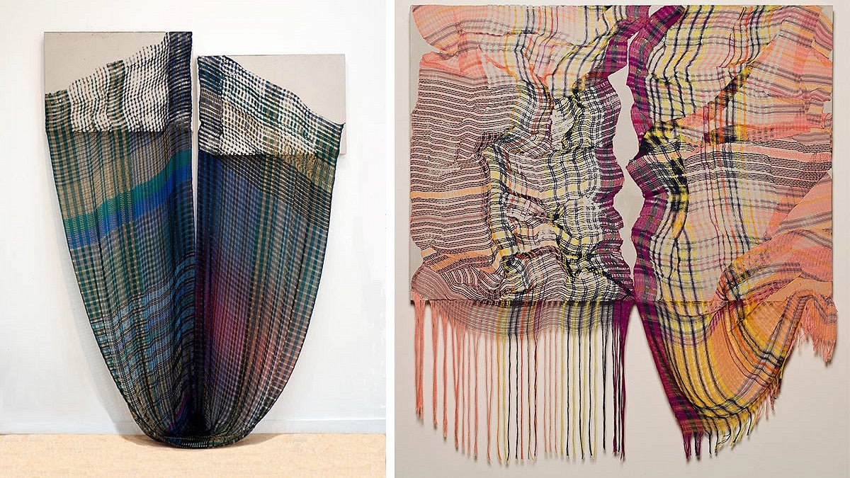 Photos of fiber art weavings