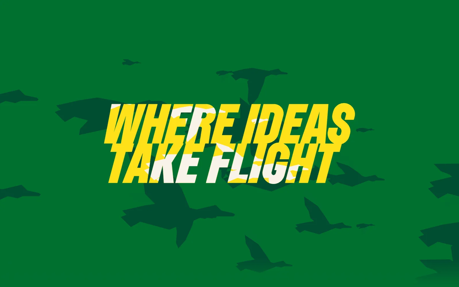 Frame from the animated experience: the words "Where Ideas Take Flight" in yellow block letters with duck shapes cut through them, over a green field of flying-duck silhouettes.