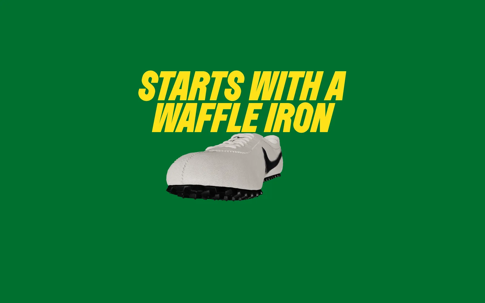 Frame from the animated experience: a white Nike running shoe floats below the words "Starts With a Waffle Iron", with a Jump In button.
