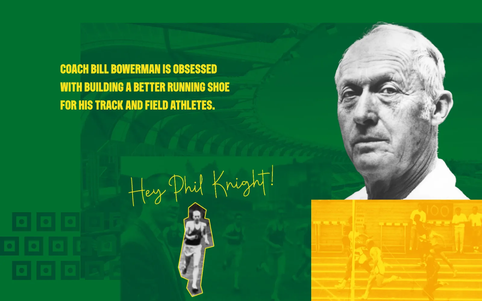 Frame from the animated experience: over the track-team photo, a handwritten note reads "Hey Phil Knight!" beside a cutout photo of a young runner.