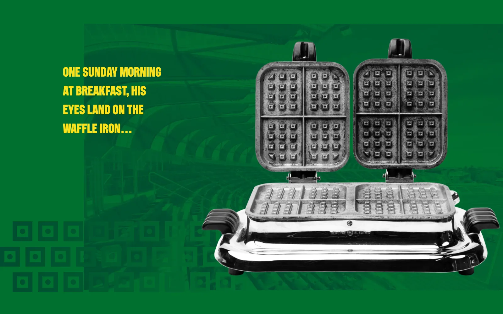 Frame from the animated experience: an open vintage double waffle iron beside the words "One Sunday morning at breakfast, his eyes land on the waffle iron…"