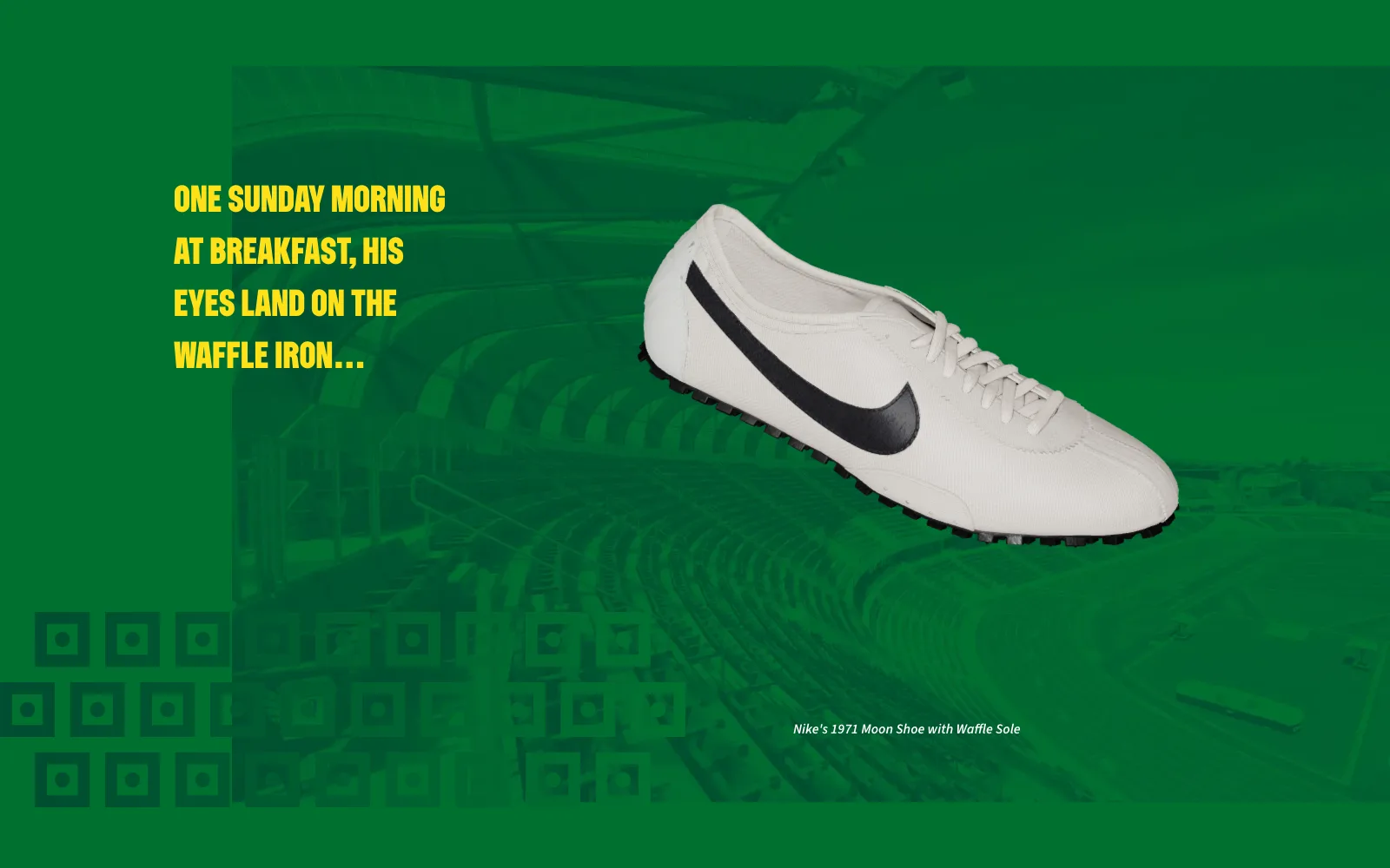 Frame from the animated experience: Nike’s 1971 Moon Shoe seen from the side, with the caption "Nike’s 1971 Moon Shoe with Waffle Sole…"