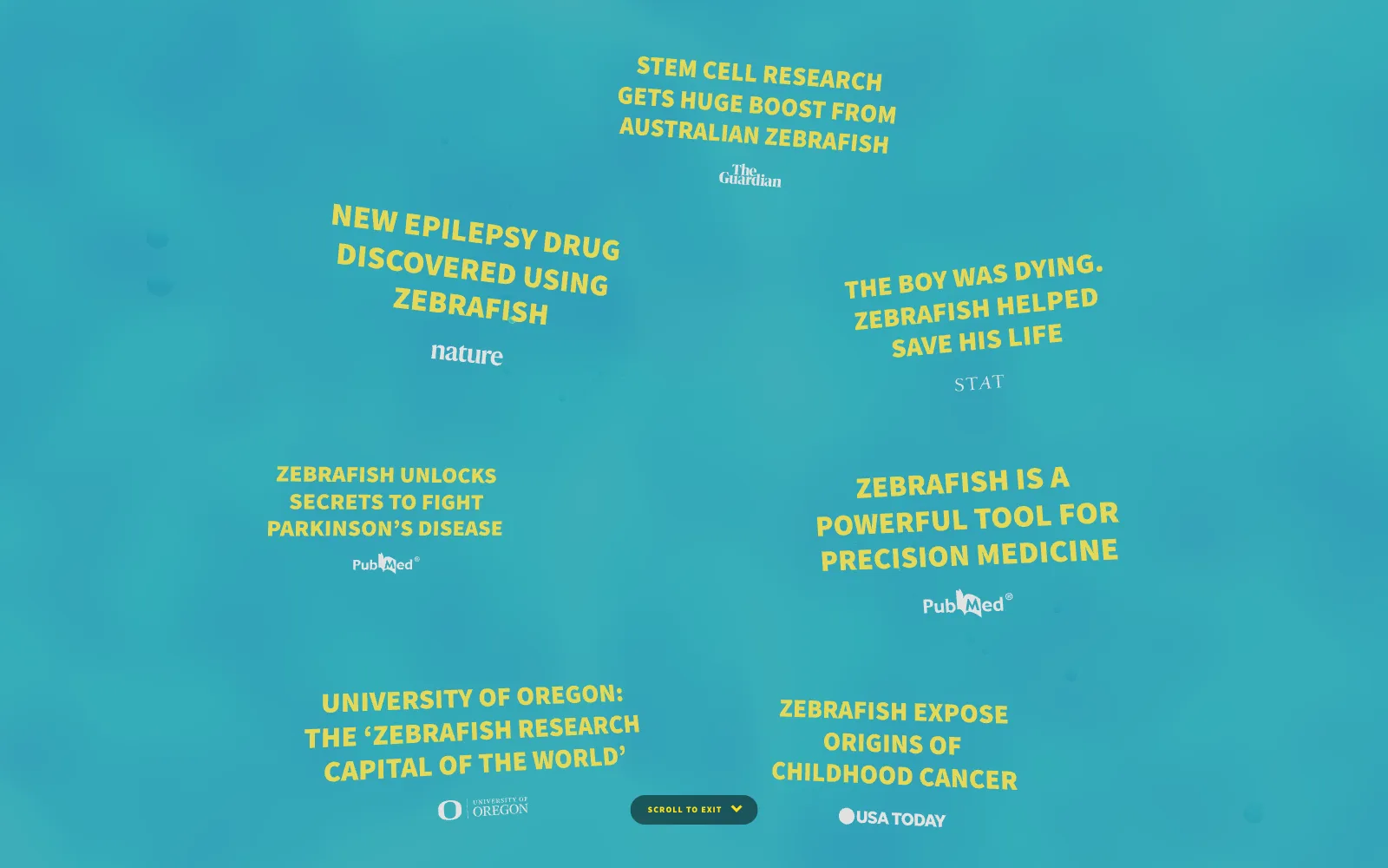 Frame from the animated experience: seven publication headlines drift across the water, each with its source logo: The Guardian, Nature, STAT, PubMed, USA Today, and the University of Oregon.