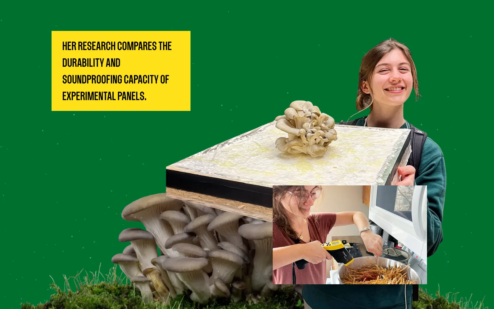 Frame from the animated experience: Charlotte with the mycelium panel and a photo of her aiming an infrared thermometer at a pot of loose fibers, with the slide’s caption.