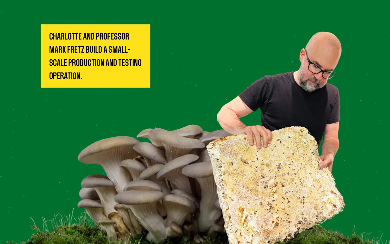 Frame from the animated experience: Mark Fretz examines a large mycelium fiber panel, with the slide’s caption.