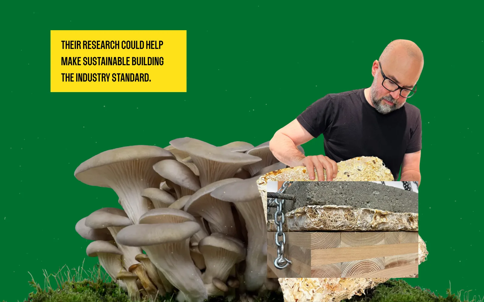 Frame from the animated experience: Mark Fretz with the fiber panel and a photo of a mycelium test panel on timber, with the slide’s caption.