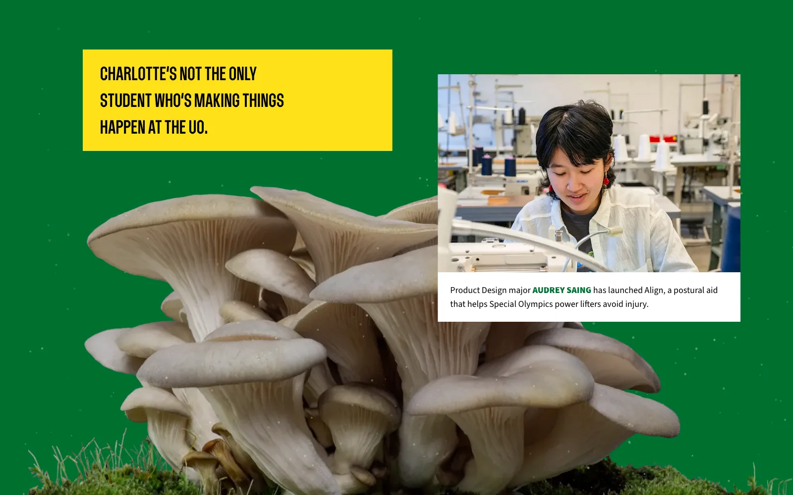 Frame from the animated experience: Audrey Saing at a sewing machine, with her caption, above a mushroom cluster.