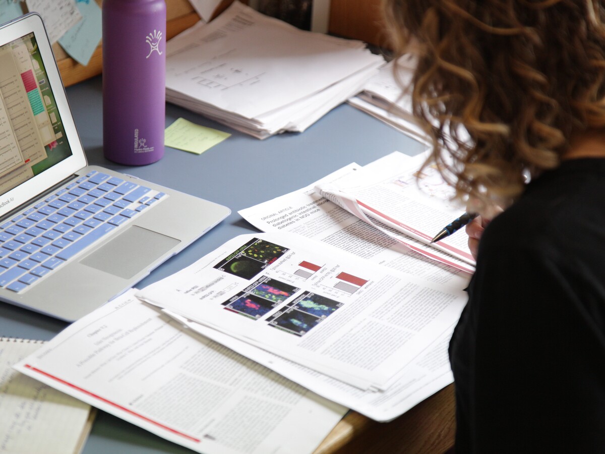 A student reviews a scientific report beside a laptop.