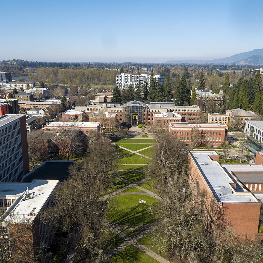 Aerial photo of the UO's Eugene campus