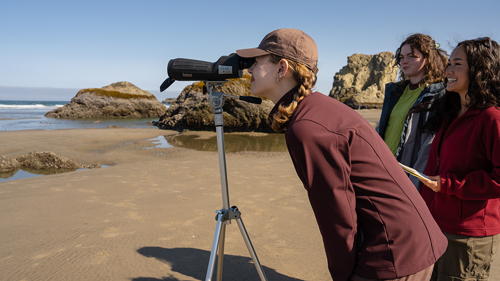 A student looking through a large scale binocular on the coast