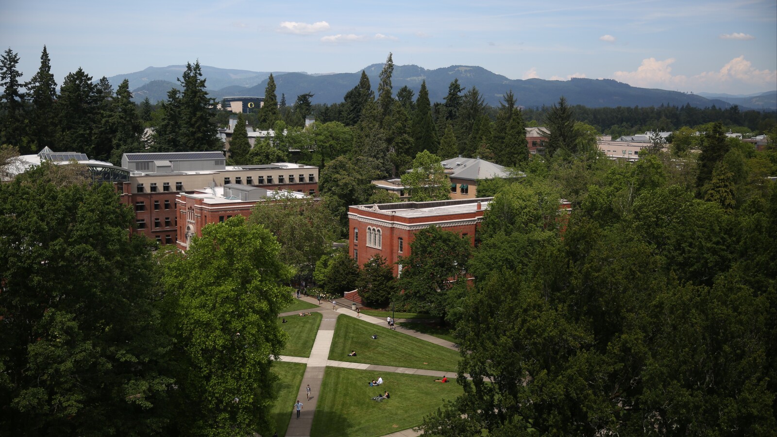 An aerial view shows the University of Oregon campus among trees.