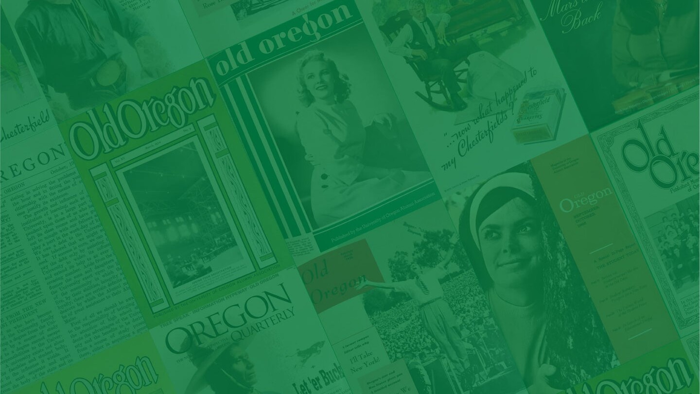 Historic Oregon yearbook covers form a green collage.