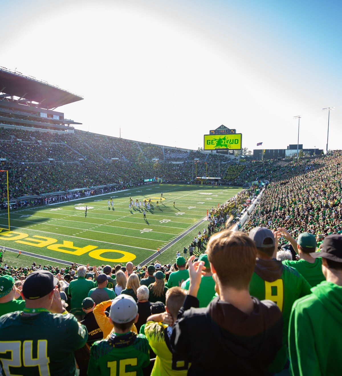 Autzen Stadium filled with Oregon football fans.