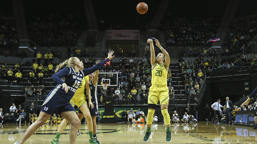 Sabrina Ionescu shooting a basketball during a game