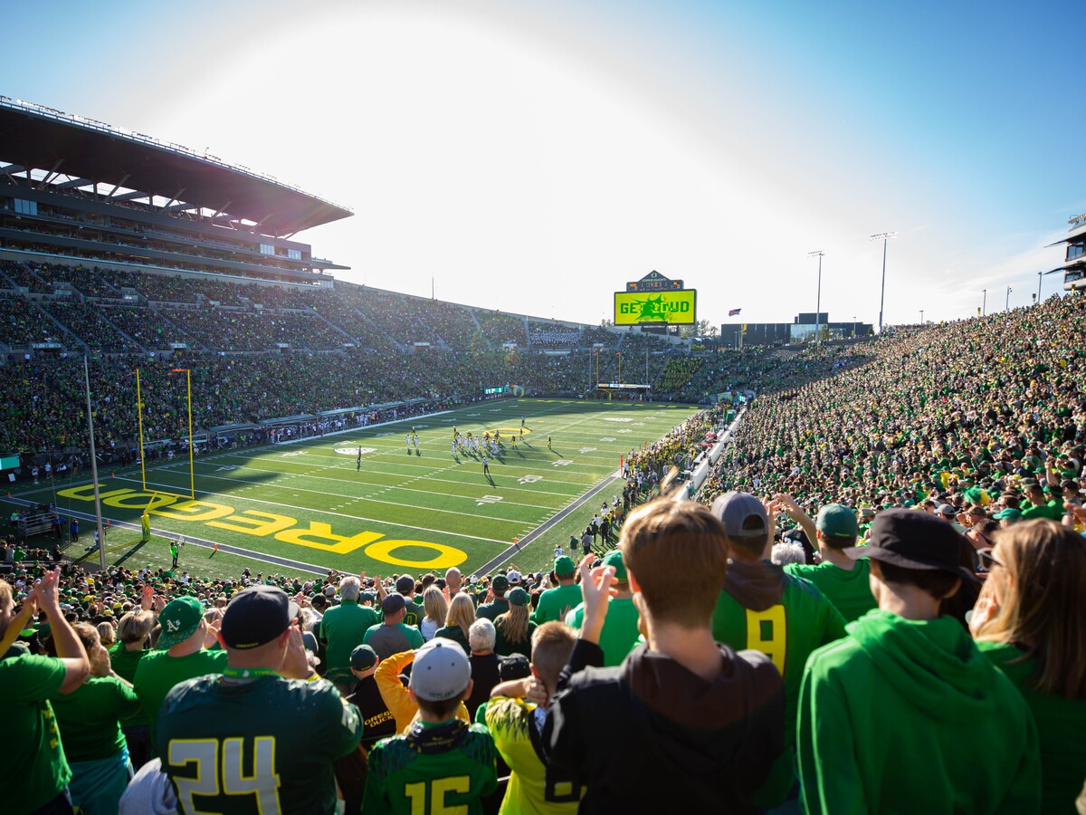 Oregon fans watch a football game at Autzen Stadium.