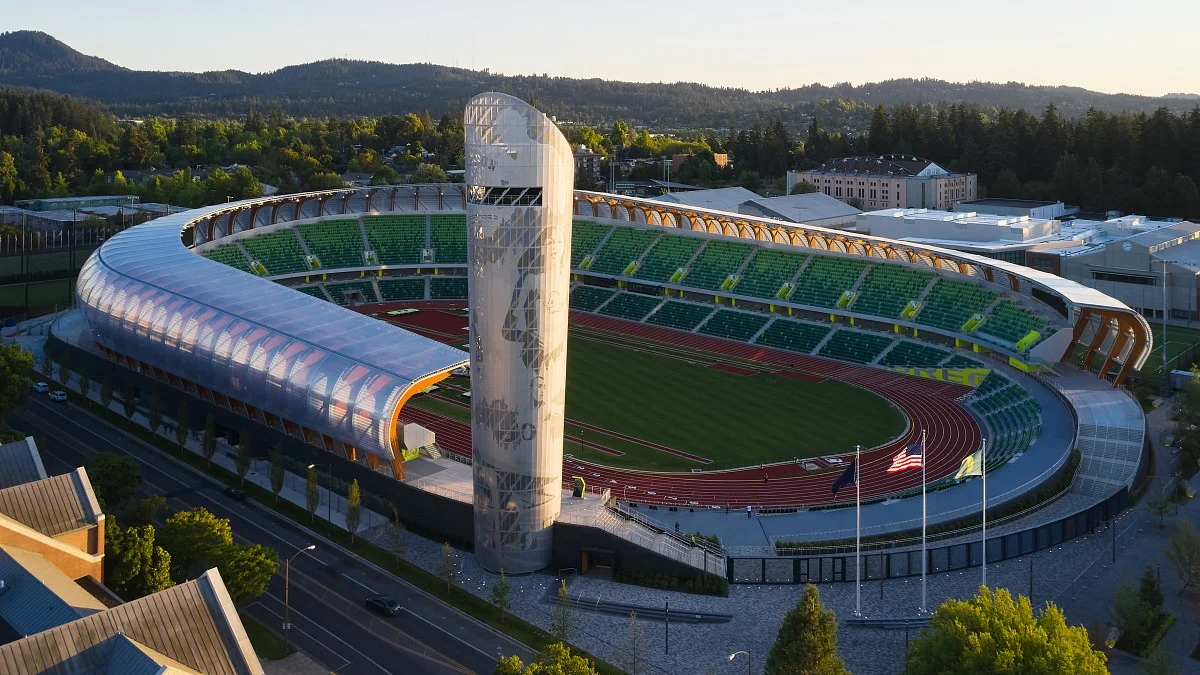 An aerial image of Hayward Field in the late afternoon light.