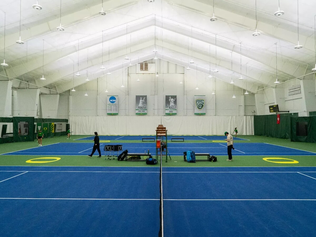 Indoor tennis courts extend through the Student Tennis Center.