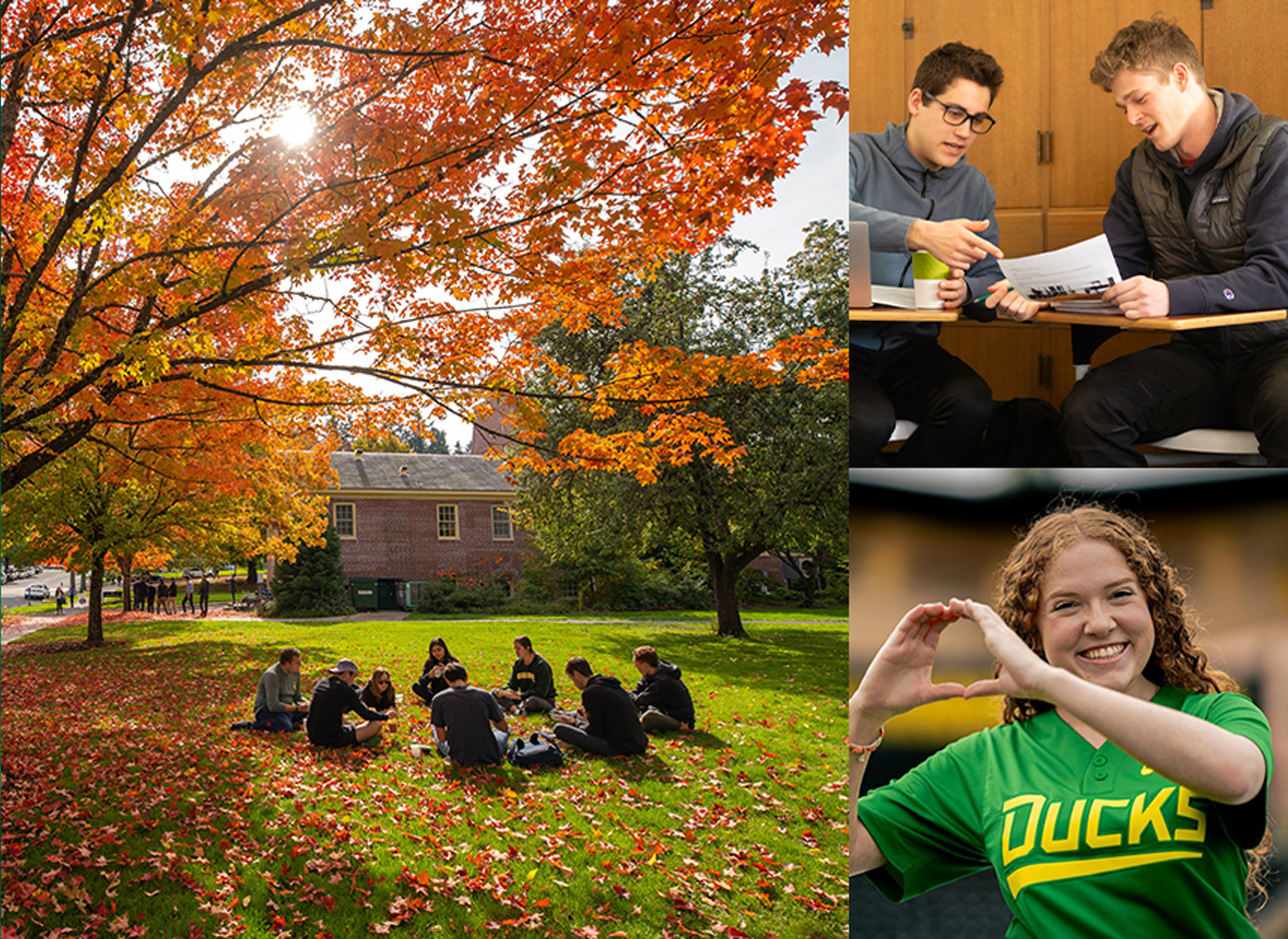 collage of fall campus photos (students sitting in grass, two students studying, a student showing the throw-your-o sign