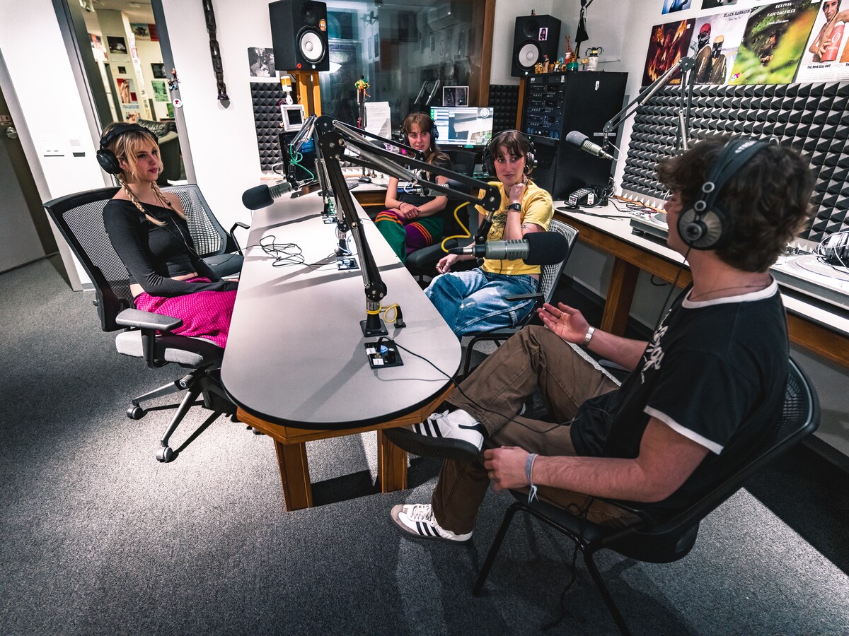 Students record a group discussion in the KWVA radio studio.