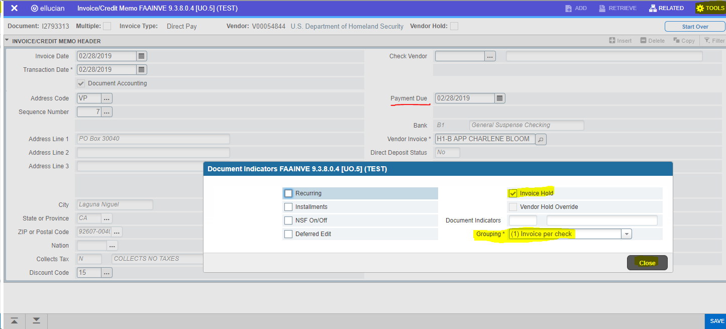 Screen shot of selecting document indicators for holding Banner document.