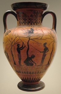 A Greek amphora depicting people picking olives 