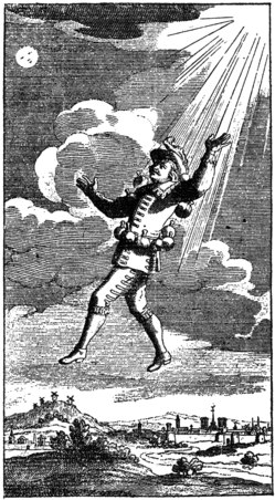 A drawing of a man floating above the ground