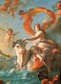 A painting of a  woman, angels and a bull