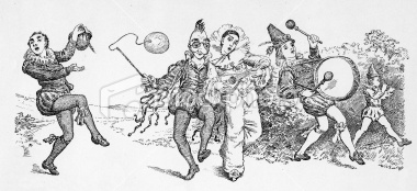 Drawn figures dancing, jesting and acting